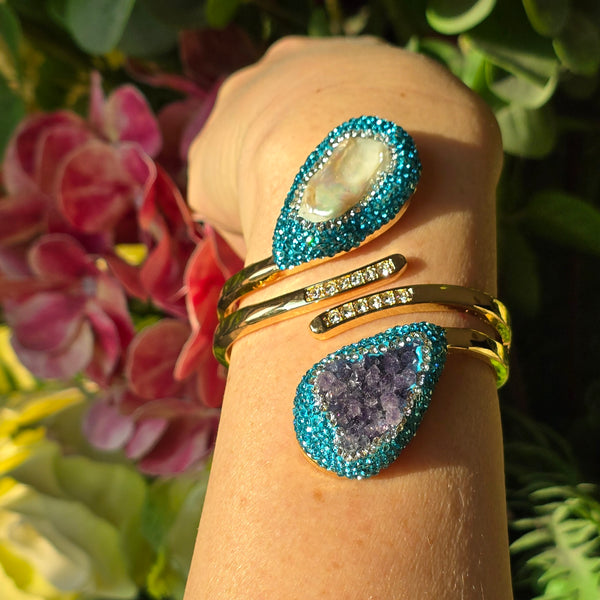 Baroque Pearl and Amethyst Bangle with Light Blue Austrian Crystals