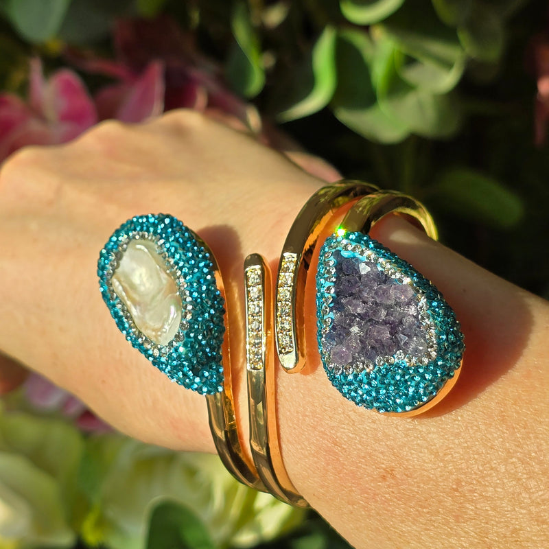 Baroque Pearl and Amethyst Bangle with Light Blue Austrian Crystals