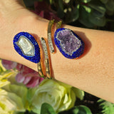 Gold plated  Bangle with Baroque Pearl, Raw Amethyst, and royal blue  Austrian Crystals