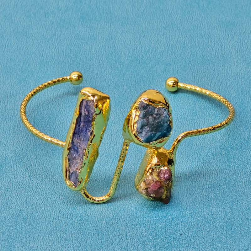 Stainless Steel Bangle with Blue Kyanite, Apatite, and Tourmaline Raw Beads