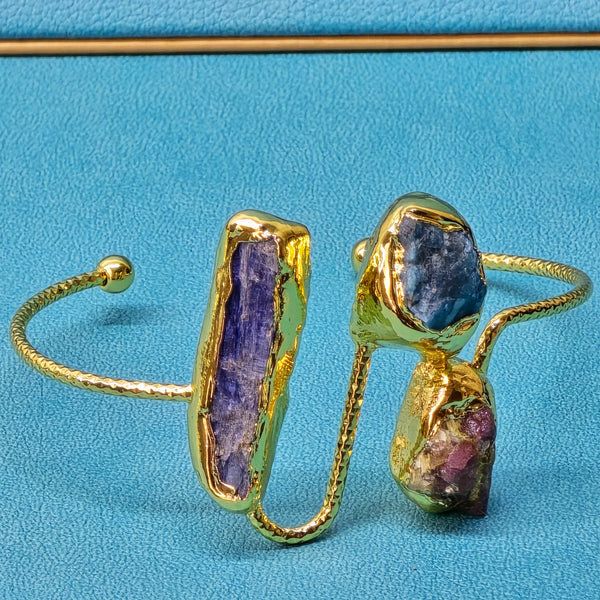 Stainless Steel Bangle with Blue Kyanite, Apatite, and Tourmaline Raw Beads