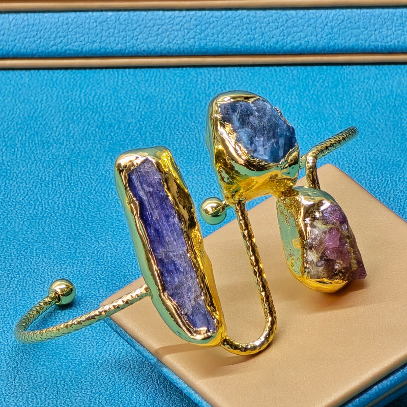Stainless Steel Bangle with Blue Kyanite, Apatite, and Tourmaline Raw Beads