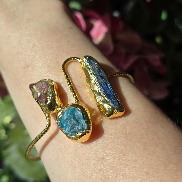 Stainless Steel Bangle with Blue Kyanite, Apatite, and Tourmaline Raw Beads