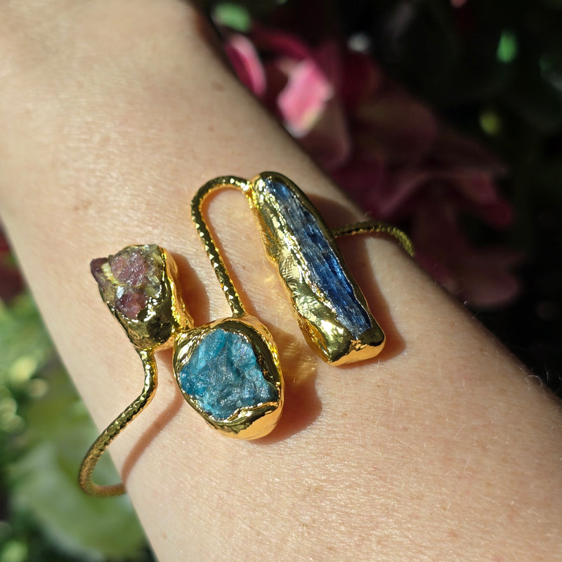Stainless Steel Bangle with Blue Kyanite, Apatite, and Tourmaline Raw Beads
