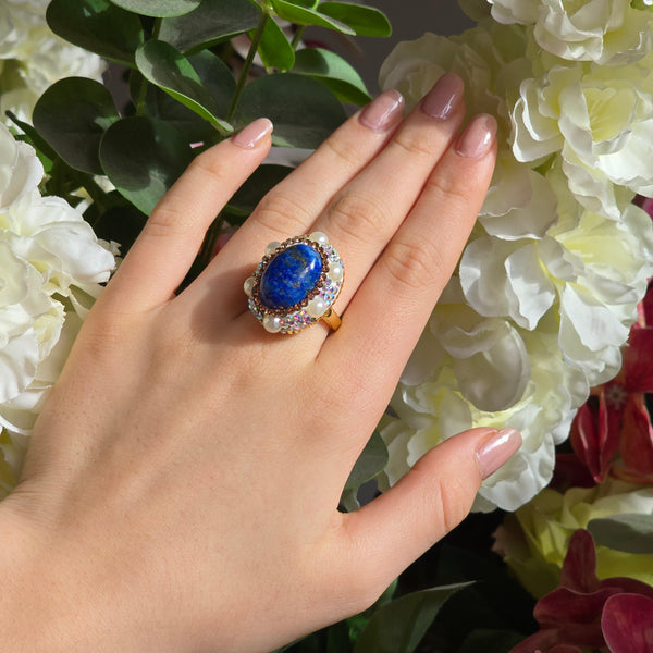 Lapis Lazuli  and Austrian Crystal Ring