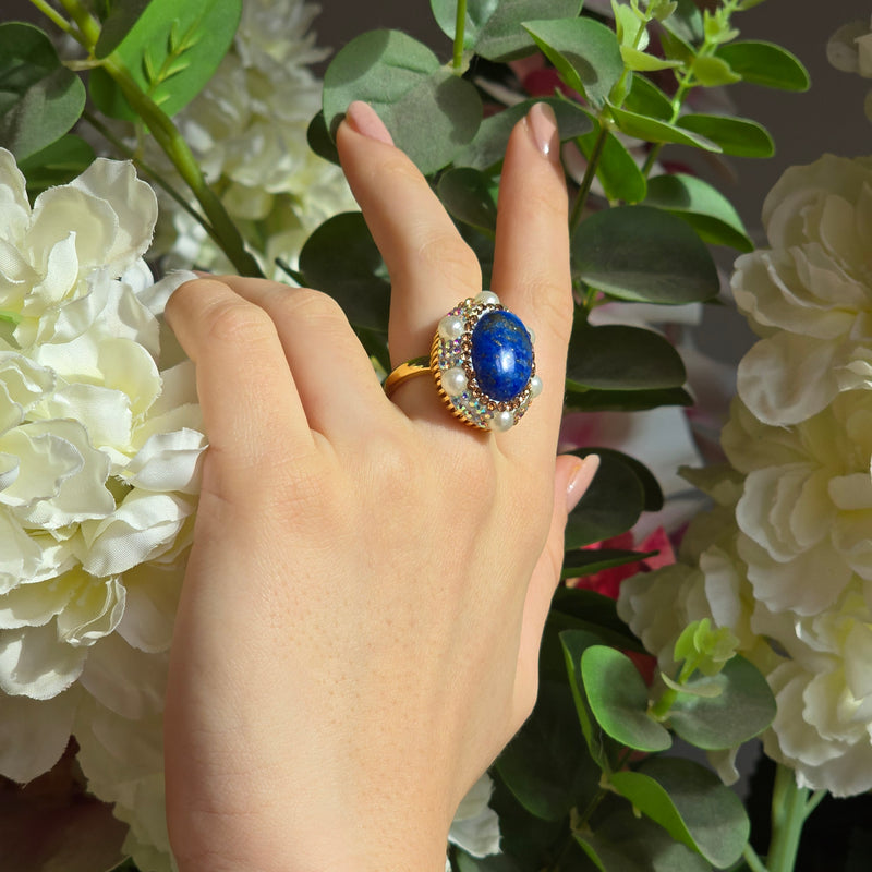 Lapis Lazuli  and Austrian Crystal Ring