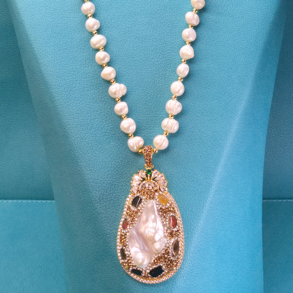 Elegant Necklace with Baroque Pearl, Austrian Crystals, Tourmaline, and Zirconia