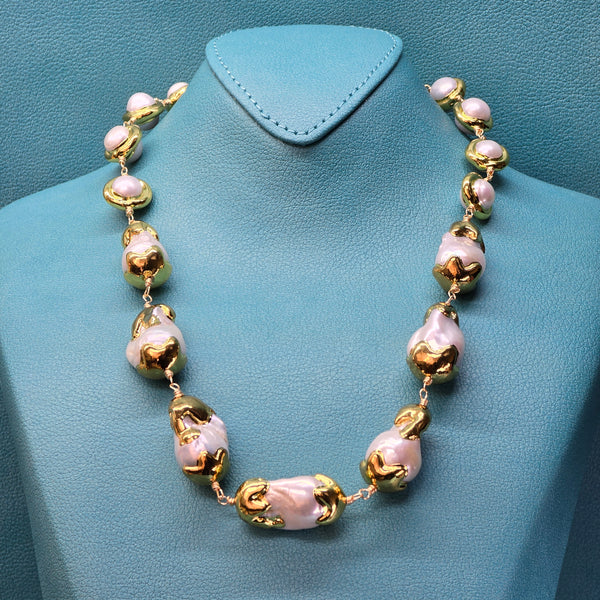 Gold plated Baroque and Round Pearl Necklace