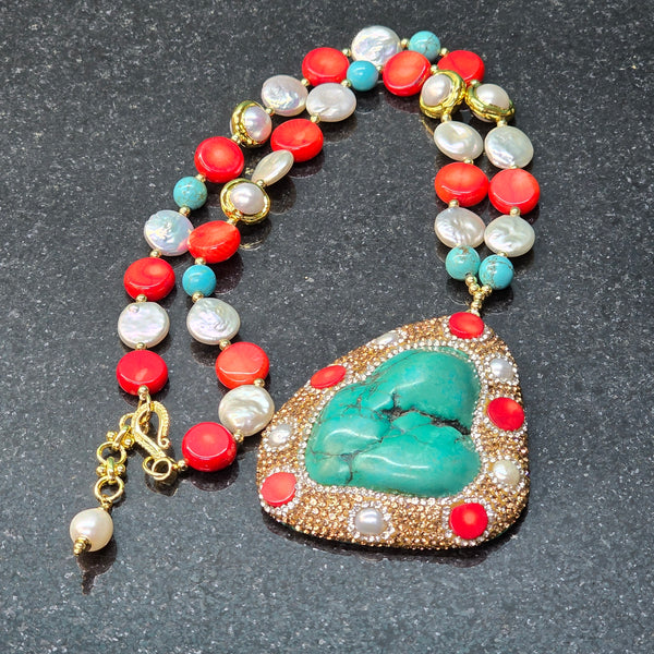 Stunning Necklace with Natural Turquoise Pendant, Coral, Freshwater Pearls, and Austrian Crystals