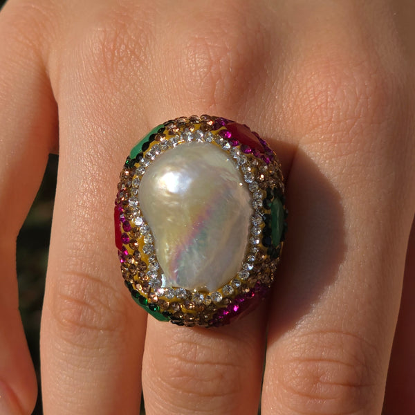 Baroque Pearl ring with Tourmaline beads and Austrian crystals