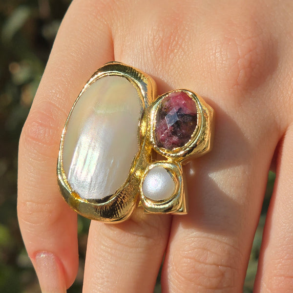 Mother of Pearl Ring with faceted raw ruby and freshwater pearl