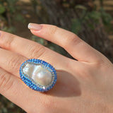 Baroque Pearl Ring with light blue Austrian Crystals