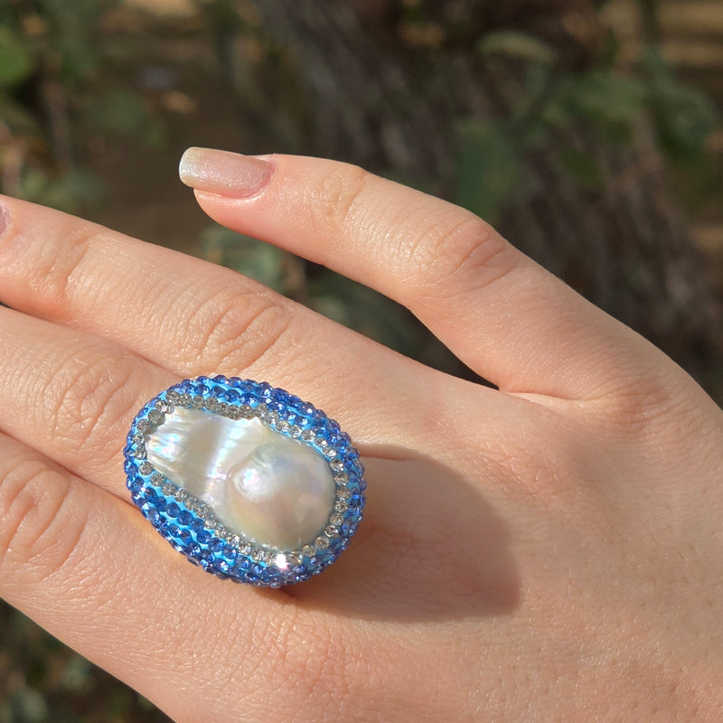 Baroque Pearl Ring with light blue Austrian Crystals