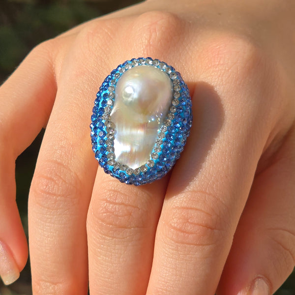 Baroque Pearl Ring with light blue Austrian Crystals