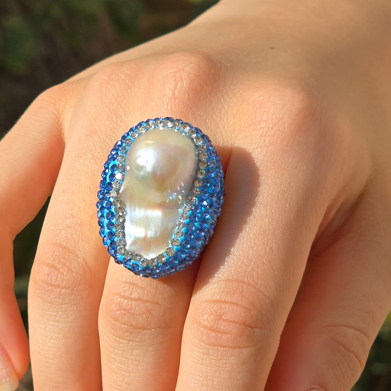 Baroque Pearl Ring with light blue Austrian Crystals