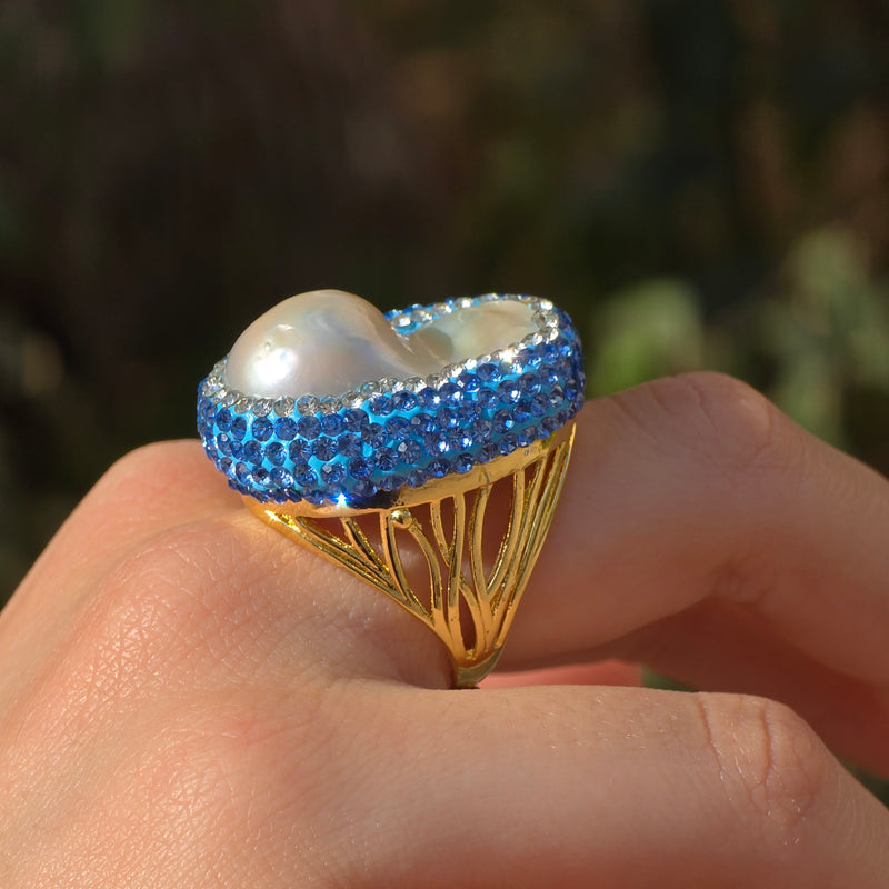 Baroque Pearl Ring with light blue Austrian Crystals