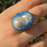 Baroque Pearl Ring with light blue Austrian Crystals