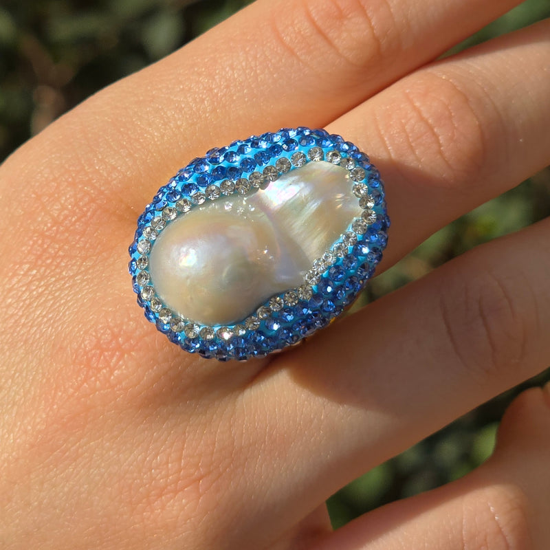 Baroque Pearl Ring with light blue Austrian Crystals