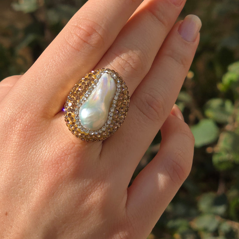 Baroque Pearl ring with Gold Colour of Austrian Crystals
