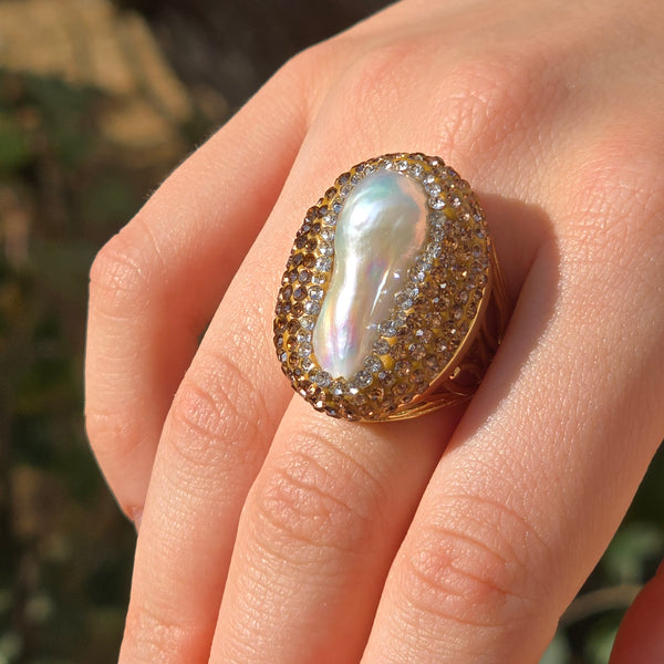 Baroque Pearl ring with Gold Colour of Austrian Crystals