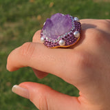 Luxurious Gold Plated Amethyst Ring with Austrian Crystals and Pearls