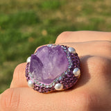 Luxurious Gold Plated Amethyst Ring with Austrian Crystals and Pearls