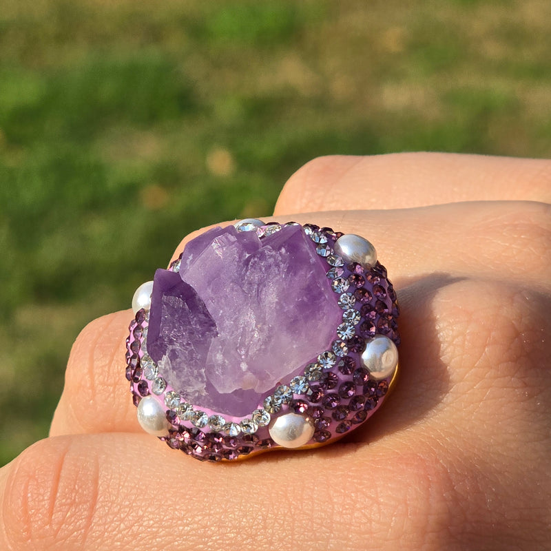 Luxurious Gold Plated Amethyst Ring with Austrian Crystals and Pearls