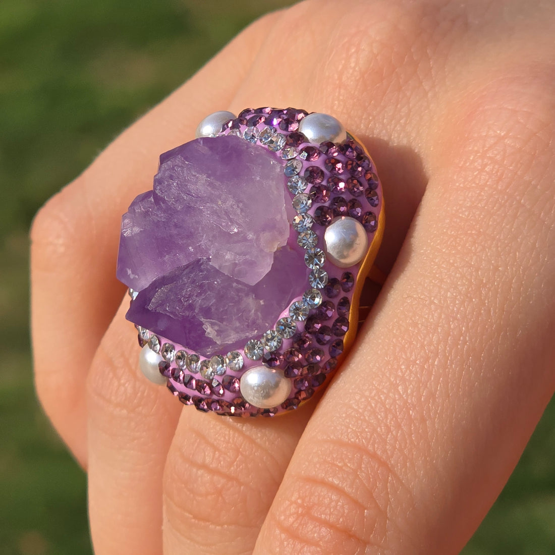Luxurious Gold Plated Amethyst Ring with Austrian Crystals and Pearls