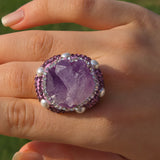 Luxurious Gold Plated Amethyst Ring with Austrian Crystals and Pearls