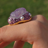 Luxurious Gold Plated Amethyst Ring with Austrian Crystals and Pearls