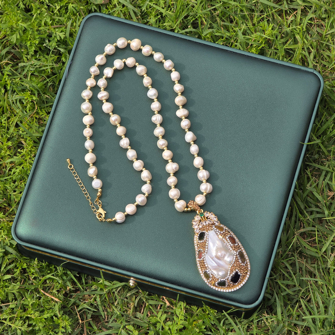 Elegant Necklace with Baroque Pearl, Austrian Crystals, Tourmaline, and Zirconia