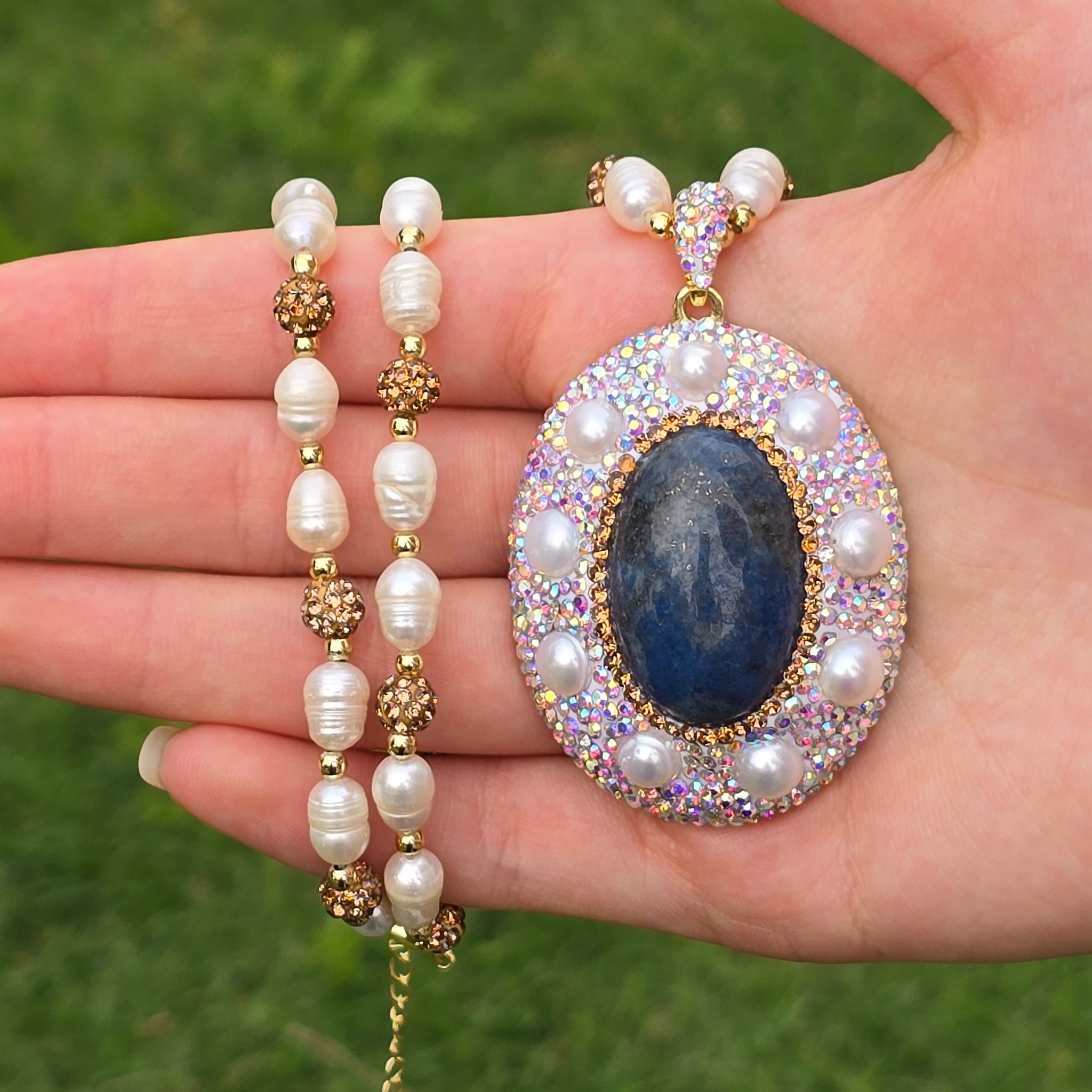 Elegant Necklace with Lapis Lazuli Pendant, Freshwater Pearls, and Austrian Crystals