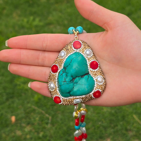Stunning Necklace with Natural Turquoise Pendant, Coral, Freshwater Pearls, and Austrian Crystals