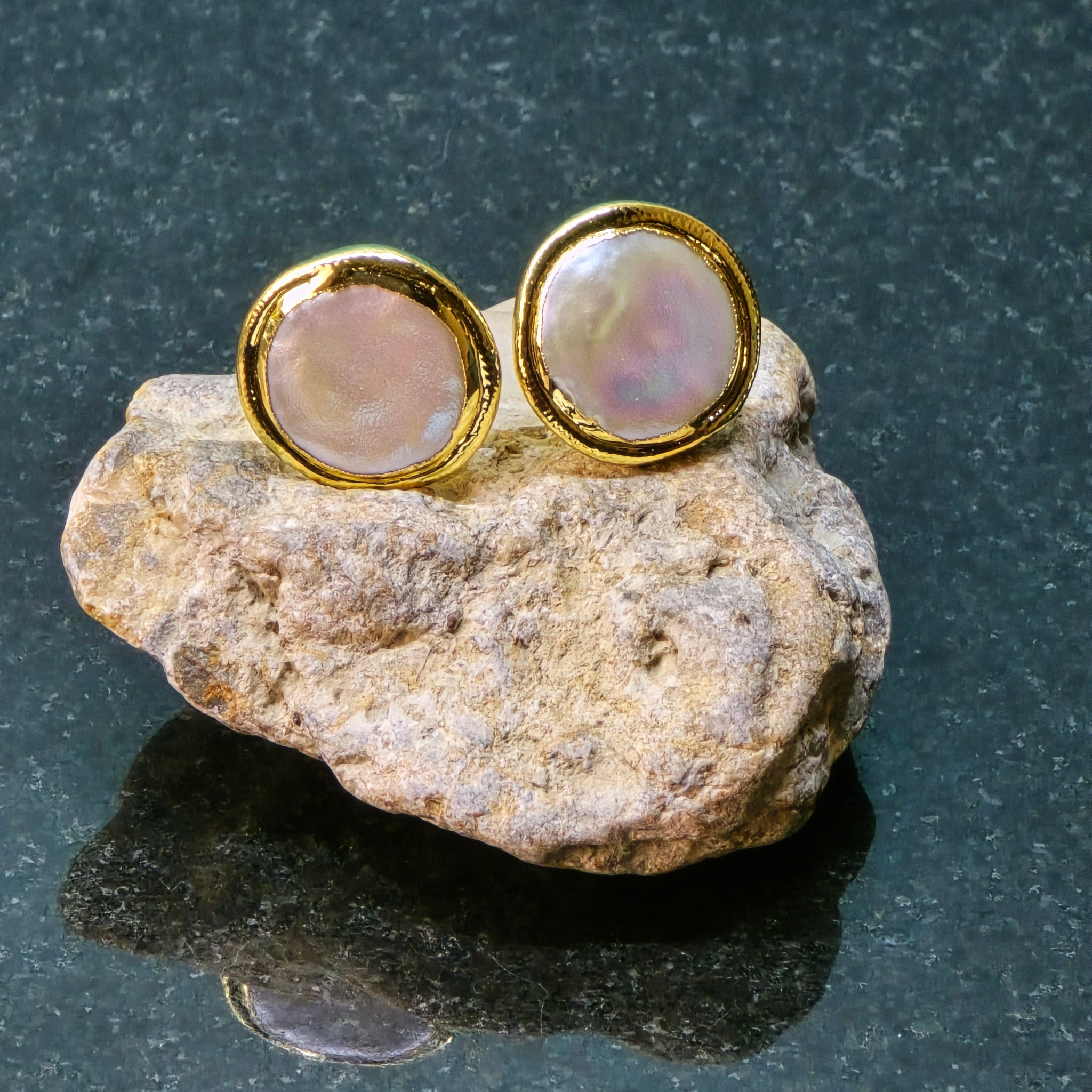 Golden Embrace Coin Pearl Ear Studs