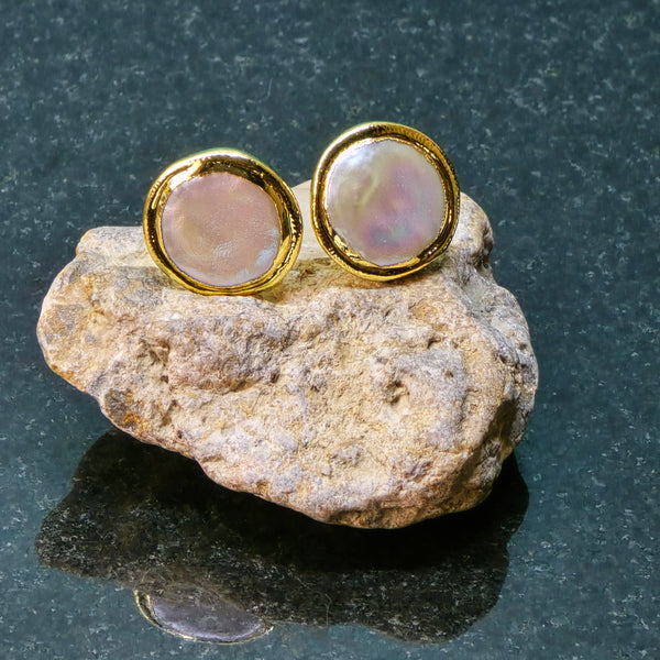 Golden Embrace Coin Pearl Ear Studs