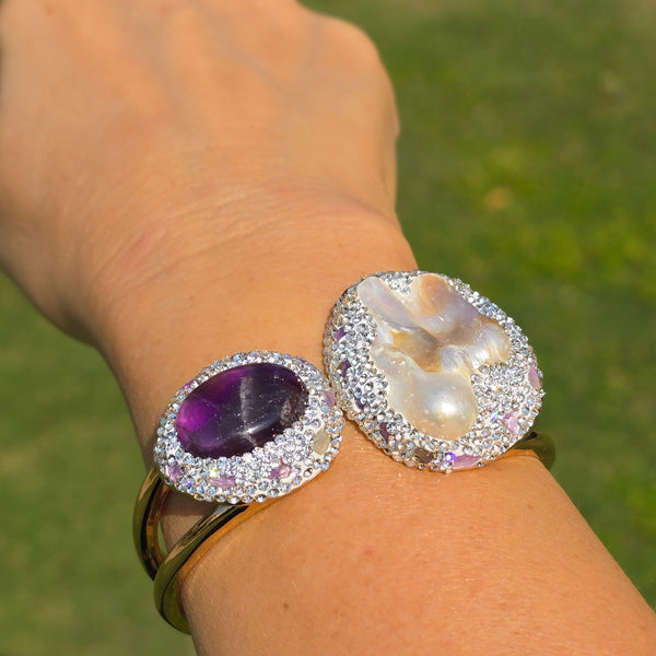 Elegant  gold plated  Bangle with Baroque Pearl and Amethyst