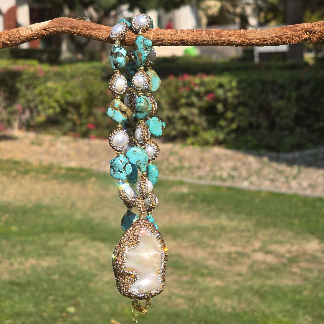 Unique Necklace with Baroque Pearl Pendant, Turquoise Beads, and Freshwater Pearls