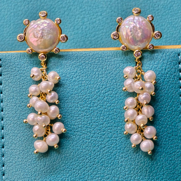 Sunflower and Grapes Pearl Dangle Earrings