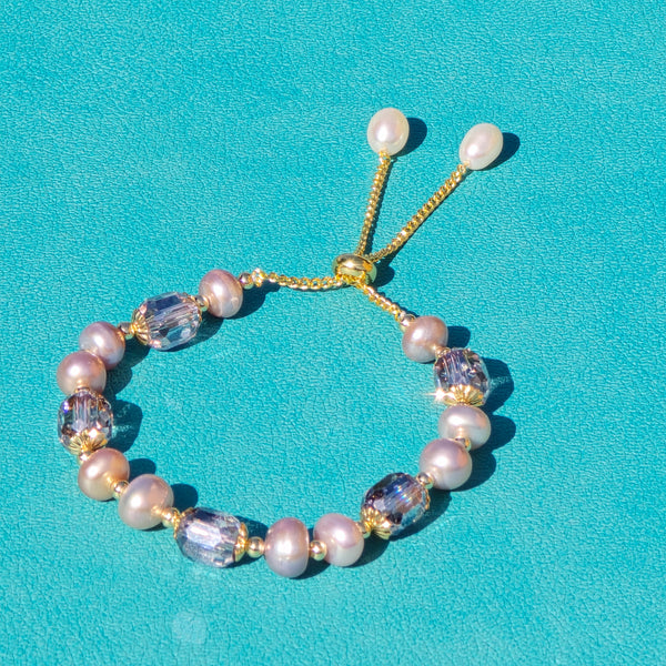 Adjustable Purple Pearl bracelet with Austrian crystal beads
