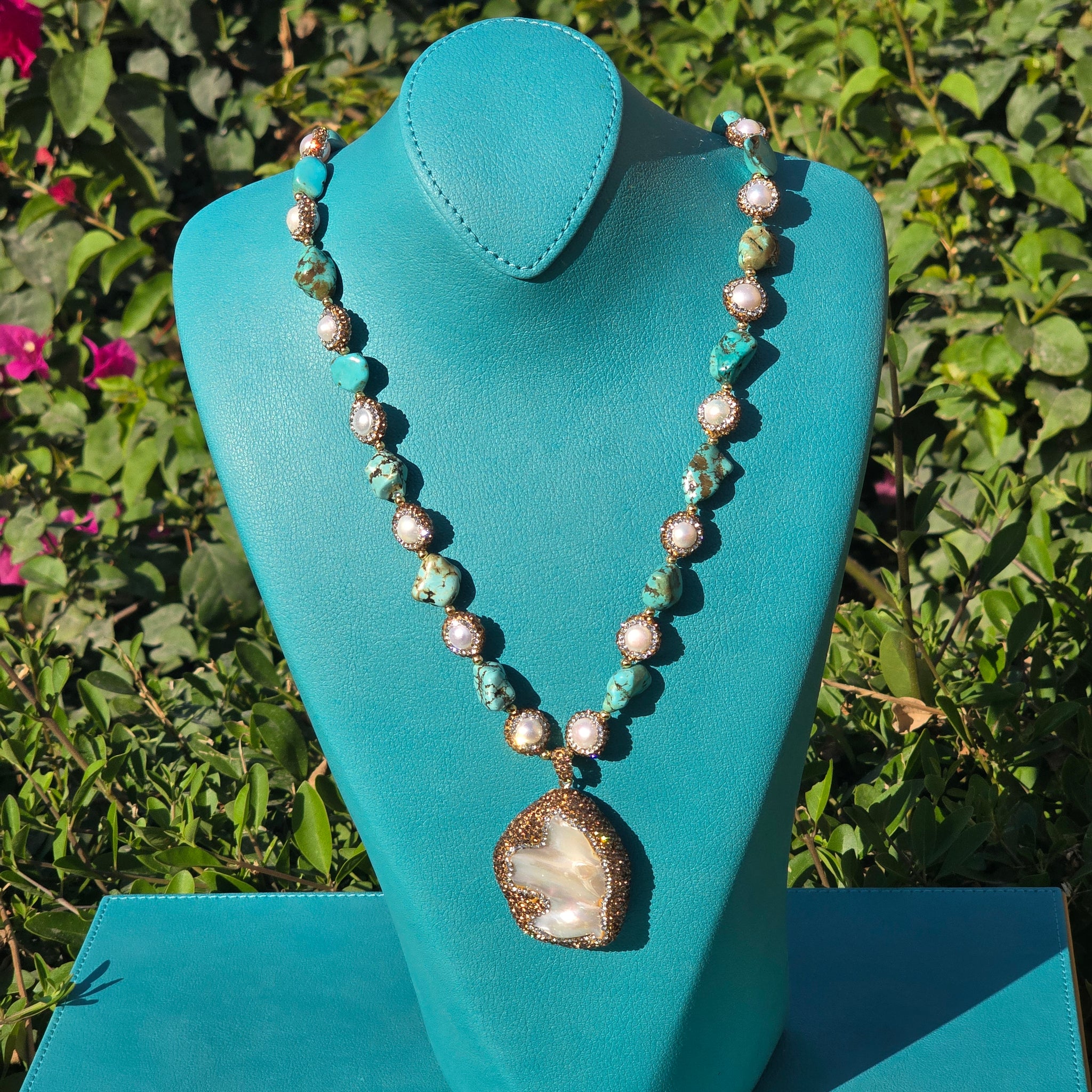 Unique Necklace with Baroque Pearl Pendant, Turquoise Beads, and Freshwater Pearls