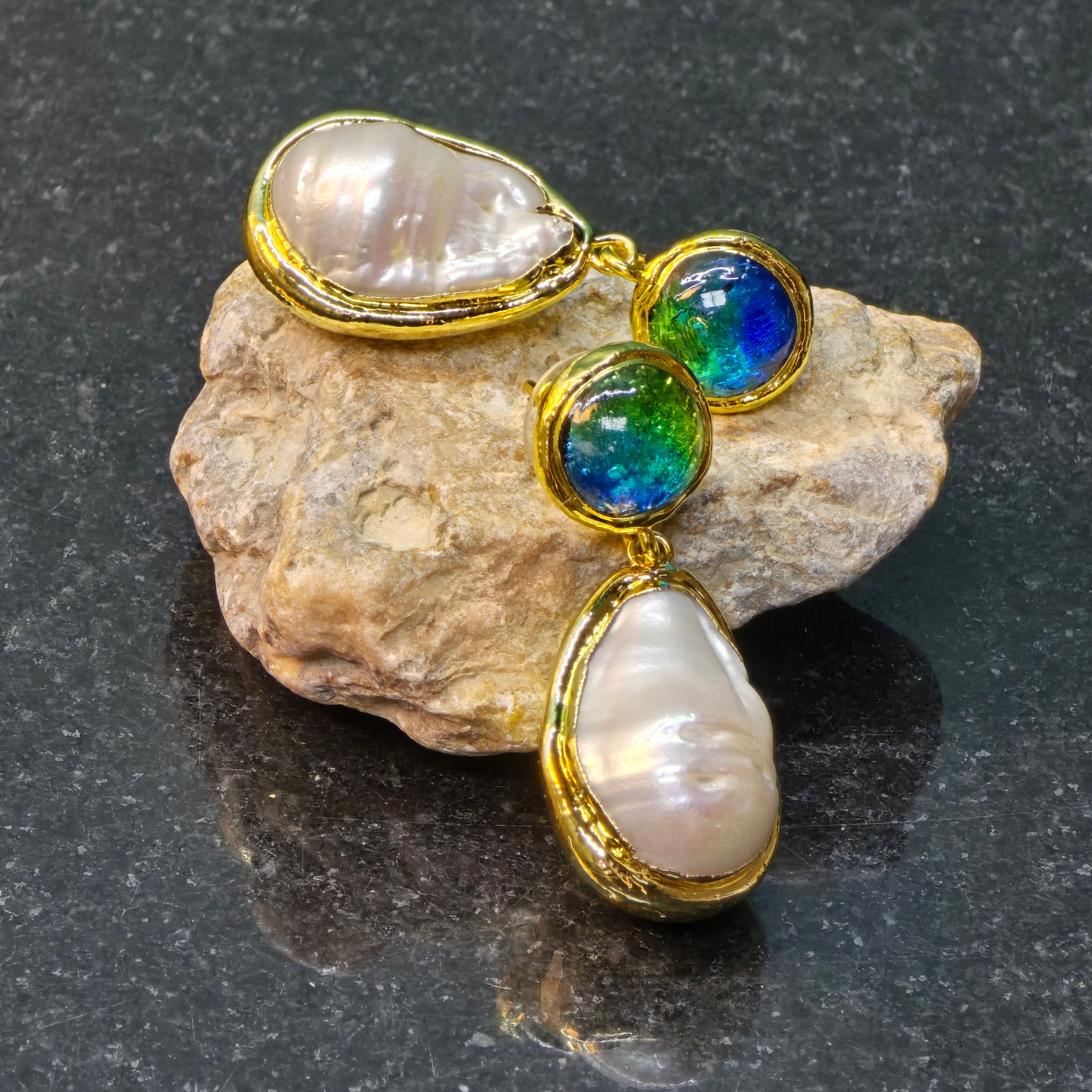 Blue-green CZ   Baroque pearl dangle earring