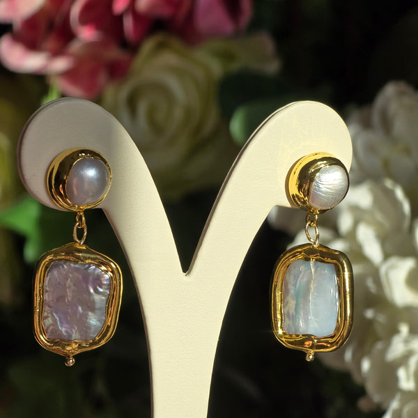 Coin  and  rectandular pearl dangle earrings