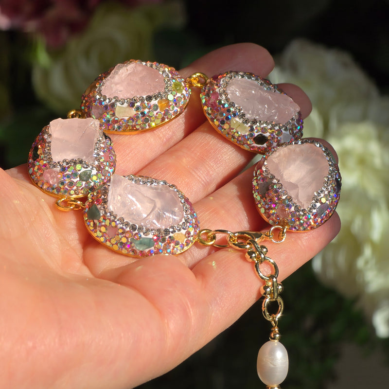 Rose Quartz, Austrian Crystals and  Tourmaline Statement Bracelet