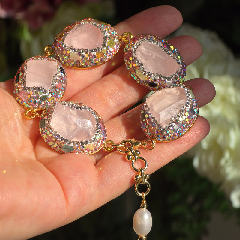 Rose Quartz, Austrian Crystals and  Tourmaline Statement Bracelet