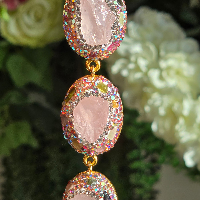 Rose Quartz, Austrian Crystals and  Tourmaline Statement Bracelet