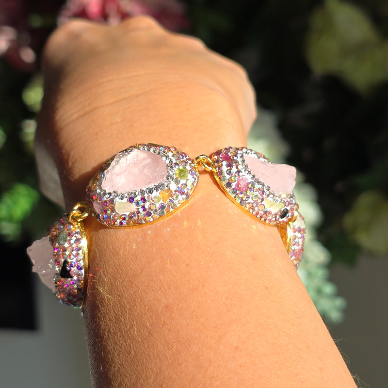 Rose Quartz, Austrian Crystals and  Tourmaline Statement Bracelet