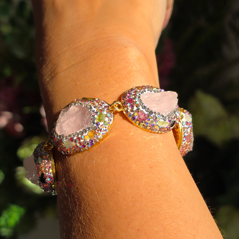 Rose Quartz, Austrian Crystals and  Tourmaline Statement Bracelet