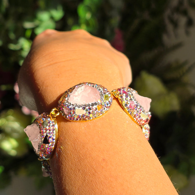 Rose Quartz, Austrian Crystals and  Tourmaline Statement Bracelet