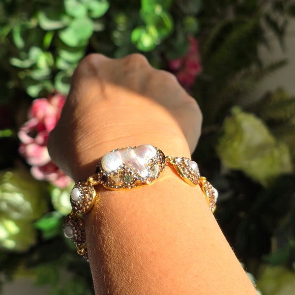 Elegant Bracelet with Freshwater Pearls, Austrian Crystals and  Tourmaline