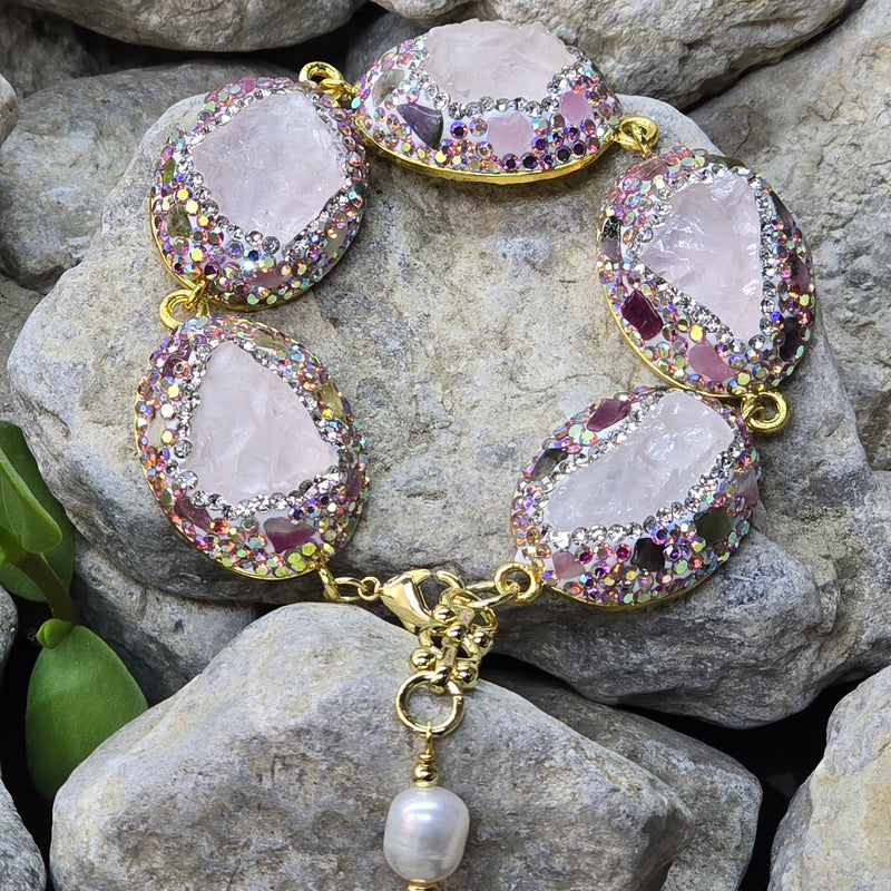 Rose Quartz, Austrian Crystals and  Tourmaline Statement Bracelet